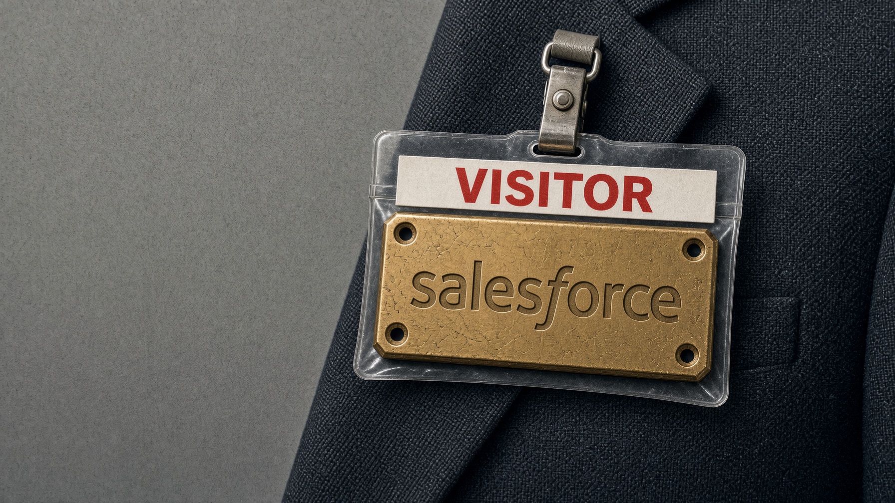 Een bezoekersbadge in een plastic houder op het revers van een donker pak, met in het venster een gegraveerd messing naamplaatje van Salesforce in plaats van een papieren kaartje.