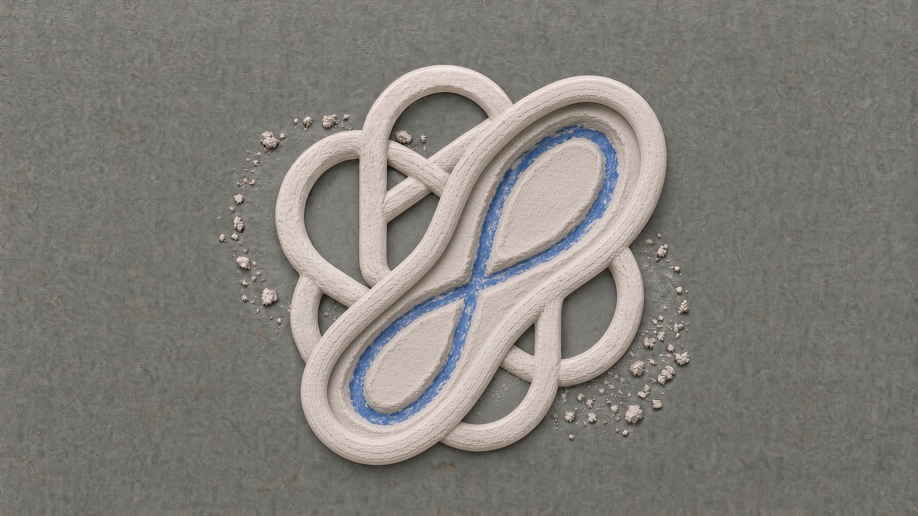 Een ChatGPT-logo van witte klei op grijs asfalt, platgetrapt door een schoenzool die er schuin overheen loopt. In de afdruk staat het oneindigheidsteken van Meta als een uitgesmeerd blauw spoor.